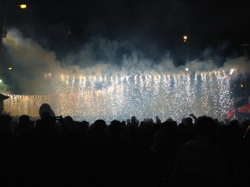 Sheets of fireworks exploded over our heads. 
